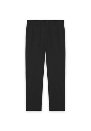 Pantaloni neri a gamba dritta con tasche frontali, passanti per cintura e chiusura con bottone in vita.