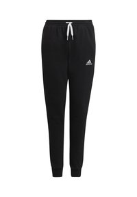 Schwarze Jogginghose aus weichem Stoff mit einem Kordelzugbund, schmal zulaufenden Beinen und einem kleinen weißen Adidas-Logo auf dem linken Oberschenkel.