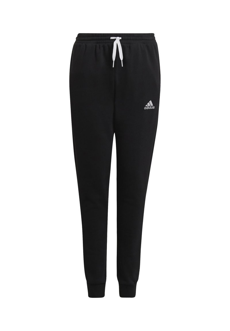 Schwarze Jogginghose aus weichem Stoff mit einem Kordelzugbund, schmal zulaufenden Beinen und einem kleinen weißen Adidas-Logo auf dem linken Oberschenkel.