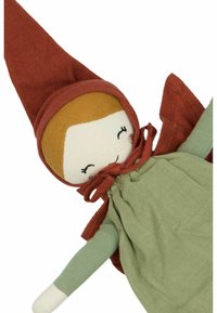 Soft fabric doll with a red pointed hat, light brown hair, and a green dress. Features stitched facial details and tied accents.