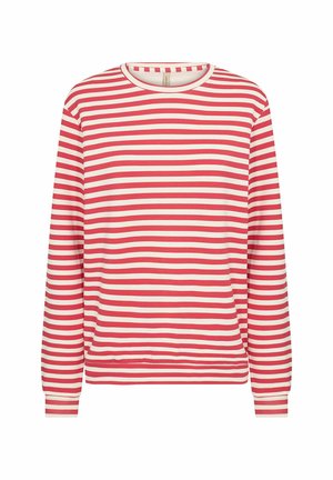 Long-sleeve shirt with red and white horizontal stripes, crew neckline, and fitted cuffs on a plain white background.