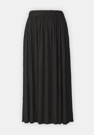 Svart plissert midi-skjørt med elastisk midje, med en glatt tekstur og vertikale folder gjennom stoffet.