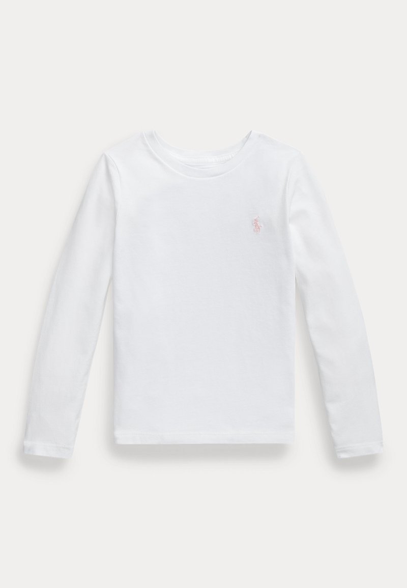 Hosszú ujjú, fehér pamut póló kerek nyakkivágással és egy kis rózsaszín hímzett logóval a bal felső mellrészen.