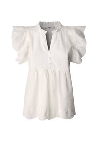 Λευκό μπλουζάκι με φουσκωτά μανίκια από δαντέλα με κυματιστή άκρη, μικρά κουμπιά στο εμπρός μέρος, διακριτική κεντητική με λουλούδια και ζώνη στη μέση.