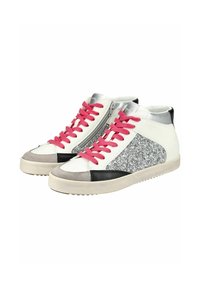 Hoge sneakers van wit leer met roze veters, zilveren accenten en een glinsterend grijs zijpaneel. Voorzien van een gestructureerde buitenzool voor grip.
