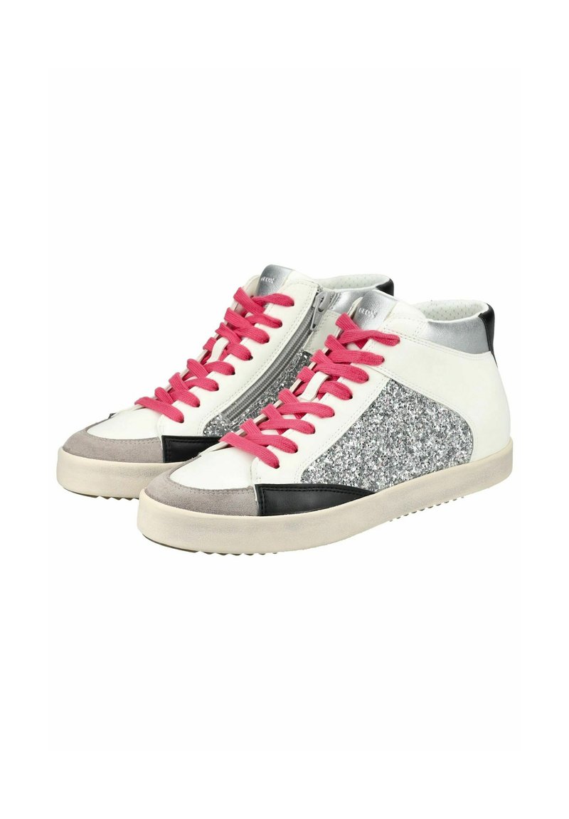 Wysokie trampki z białej skóry, różowymi sznurowadłami, srebrnymi akcentami i błyszczącym szarym bocznym panelem. Posiadają teksturowaną podeszwę zewnętrzną dla lepszej przyczepności.