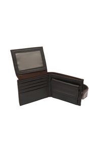 Wallet in brown leather with a textured finish, featuring multiple card slots, a clear ID window, and a snap closure.