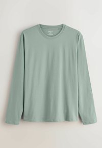Długi rękaw t-shirt z miękkiej, jasnozielonej bawełny z okrągłym dekoltem. Gładka tekstura, bez wzorów i dodatków.