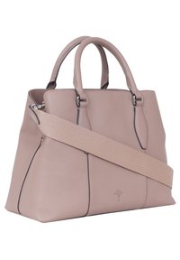 Sac à main en cuir rose avec des poignées doubles et une bandoulière en tissu amovible. Texture lisse avec des coutures discrètes et des détails en relief.