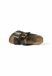 Sandal in pelle nera con due cinturini regolabili e fibbie dorate. Suola in sughero sagomata con una soletta beige strutturata.
