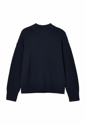 Marineblauer Strickpullover mit geripptem Muster, hohem Kragen und überschnittenen Schultern. Besitzt eine lockere Passform und einen breiten, gerippten Saum.