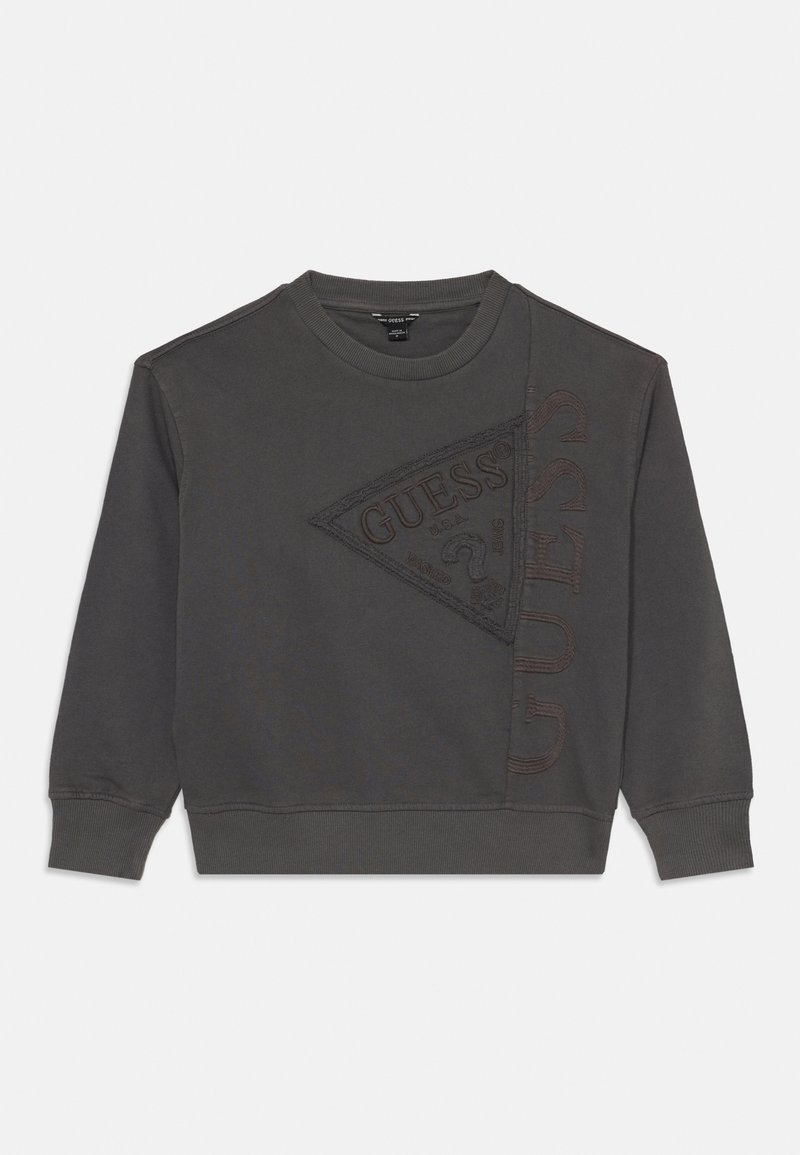 Sweatshirt gris foncé avec un logo en relief prominent en forme triangulaire, col rond et poignets et ourlet côtelés.