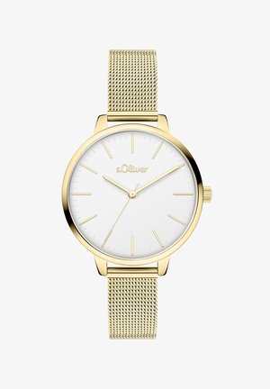 Montre à bracelet en maille dorée avec un cadran blanc, design minimaliste, index en or et logo en haut. Boîtier lisse et rond.