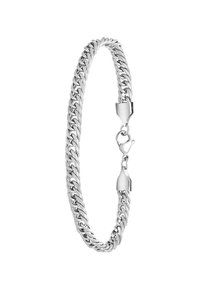 Zilveren kettingarmband met in elkaar grijpende schakels, een gepolijste afwerking en een kreeftsluitingen. Meet ongeveer 20 centimeter in lengte.