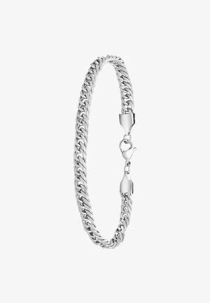 Zilveren kettingarmband met in elkaar grijpende schakels, een gepolijste afwerking en een kreeftsluitingen. Meet ongeveer 20 centimeter in lengte.