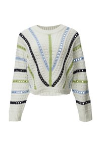 Chunky gebreide cropped trui in gebroken wit, met blauwe, groene en marineblauwe strepen, en openwerkdetails langs de mouwen en het lichaam.