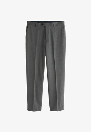 Grå bukser lavet af stof med en glat tekstur, med knaplukning, bæltestropper og sidelommer. Lige bendesign.
