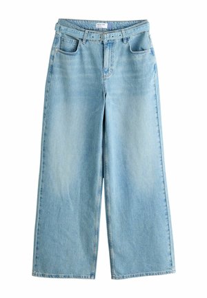 Wide-leg jeans in light blue denim, featuring a high waist, five pockets, and belt loops. The fabric has a smooth texture with a slightly worn appearance.