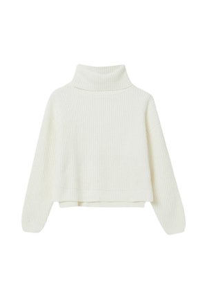 Maglione bianco a collo alto con maniche lunghe e taglio corto. Tessuto morbido con un design semplice e senza ulteriori motivi o dettagli.