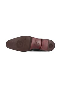 Suela de zapato de cuero negro con forma ovalada y plana. Presenta una base marrón lisa con una textura sutil y un detalle de logo en relieve.