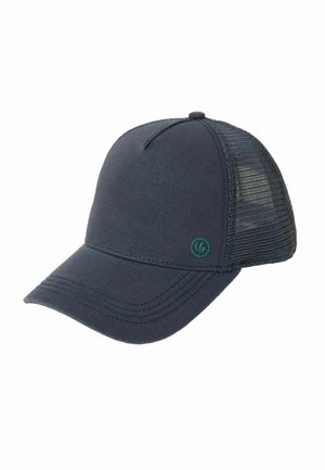 Dunkelgraue Mesh-Trucker-Cap mit gebogenem Schirm und kleinem grün gesticktem Logo auf der Vorderseite.