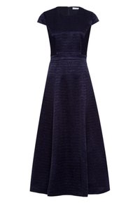 Mörkblå klänning i strukturerad tyg, med en figurnära bodice, korta ärmar och en utsvängd kjol som når till mitten av vaden. Dragkedja i ryggen.