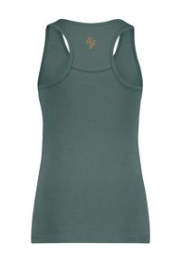 Dunkelgrüne Tanktop mit körperbetontem Design, rundem Ausschnitt, breiten Trägern und dezentem gesticktem Logo auf der Rückseite.
