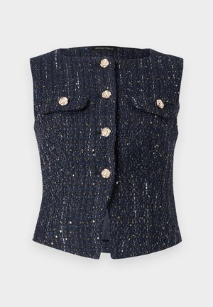 Gilet sans manches texturé bleu marine avec des boutons floraux ton or, deux poches à rabat, et des détails discrets en fil métallique.