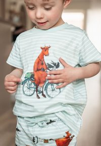 Randig mintgrön kortärmad skjorta med en grafisk bild av en orange ko på en cykel med en svart fågel. Matchande shorts med gårdstema.
