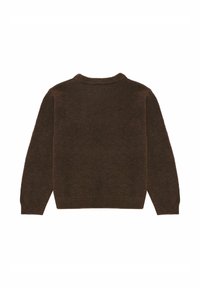 Brauner Wollpullover mit runder Halslinie und langen Ärmeln. Verfügt über eine weiche Textur und ein einfaches, klassisches Design. Rückansicht dargestellt.