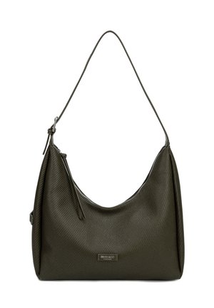 Borsa a tracolla in pelle verde scuro texturizzata con chiusura a cerniera e tracolla regolabile, con una piccola targhetta metallica del marchio sul davanti.