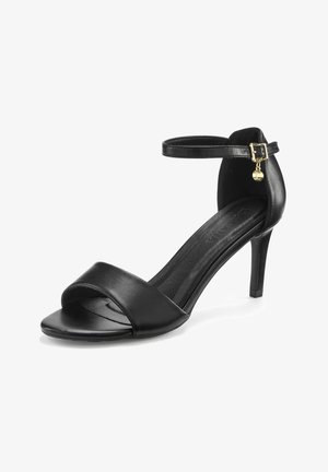 Black leather high-heeled sandal with a narrow ankle strap, open toe design, smooth texture, and a gold accent on the buckle.