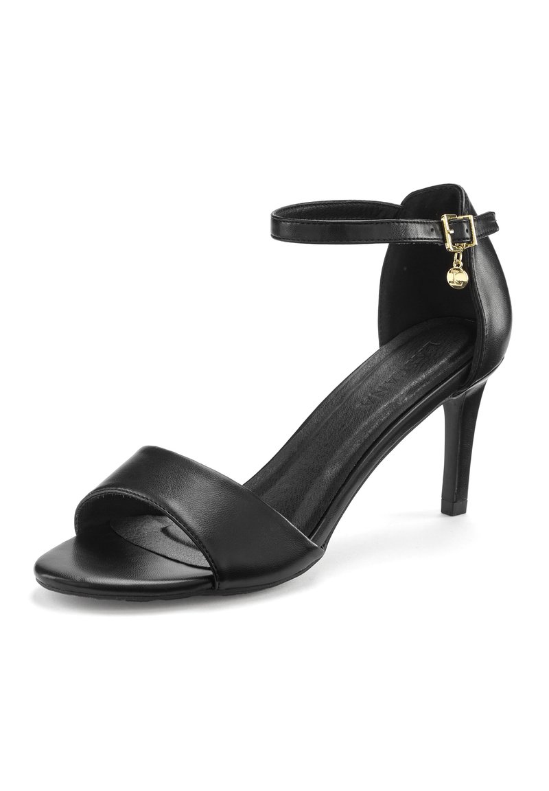 Black leather high-heeled sandal with a narrow ankle strap, open toe design, smooth texture, and a gold accent on the buckle.