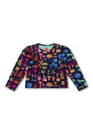 Langdraagtopp met een marineblauwe achtergrond en kleurrijke bloemen- en dierenpatronen in roze, groen, oranje en blauw. Zachte, getextureerde stof.