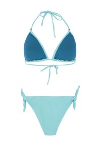Trójkątny biustonosz bikini w ciemnoniebieskim kolorze z jaśniejszymi niebieskimi akcentami. Zawiązywany na szyi i plecach. Majtki mają dopasowane jasnoniebieskie wiązania. Gładka tekstura.