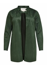 Chaqueta verde de ante con corte recto, sin botones y cuello alto. Cuenta con bolsillos laterales y una textura suave.