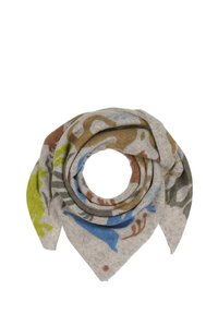 Camouflage-patterned scarf featuring a blend of green, blue, brown, and gray hues, made of soft fabric, shaped in a loop.