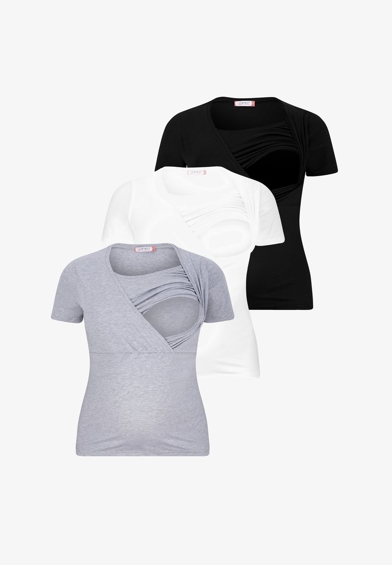 Tres camisetas de manga corta en gris, blanco y negro. Cada una presenta un diseño cruzado con detalles fruncidos en el escote y la zona del busto.