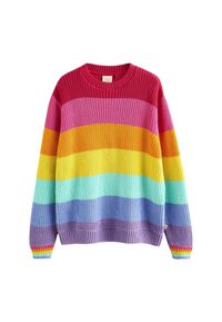 Pull en tricot avec des rayures horizontales rose, jaune, orange, vert et violet. Texture côtelée et design à col rond.