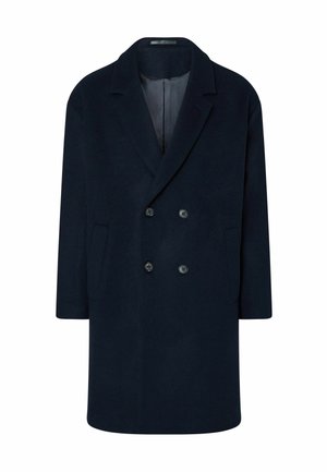 Abrigo de lana azul marino de doble botonadura con cuello de solapa con muesca y dos bolsillos delanteros, mostrado sobre un fondo blanco.