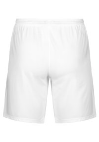 Pantalones deportivos blancos cortos con cinturilla elástica, diseño liso, mostrados desde la parte de atrás sobre un fondo blanco.