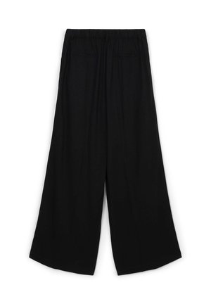 Pantalon noir à jambes larges avec une ceinture élastique, confectionné en tissu léger. Il comporte deux poches latérales et une texture lisse.