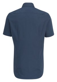 Koszula z krótkim rękawem w kolorze granatowym, wykonana z lekkiego materiału, z delikatnym nadrukiem w kropki oraz standardowym krojem kołnierzyka.