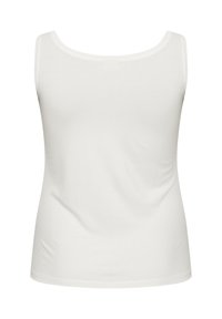 Top bianco senza maniche con scollo rotondo, realizzato in tessuto morbido. Presenta una texture liscia e una forma aderente, ideale per essere indossato a strati.