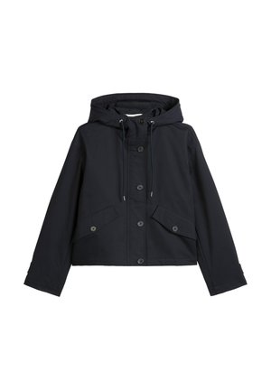 Navy blue cropped jacket with a hood, featuring a button front closure, two front pockets, and adjustable drawstrings. Smooth fabric texture.