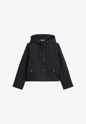 Marineblauwe cropped jas met een capuchon, met een knoopsluiting aan de voorkant, twee voorzakken en verstelbare trekkoorden. Soepele stoftextuur.