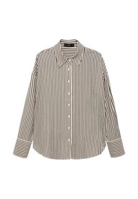 Chemise à rayures noire et crème avec boutons, col à revers, manches longues et coupe ample. Confectionnée dans un tissu léger à texture lisse.