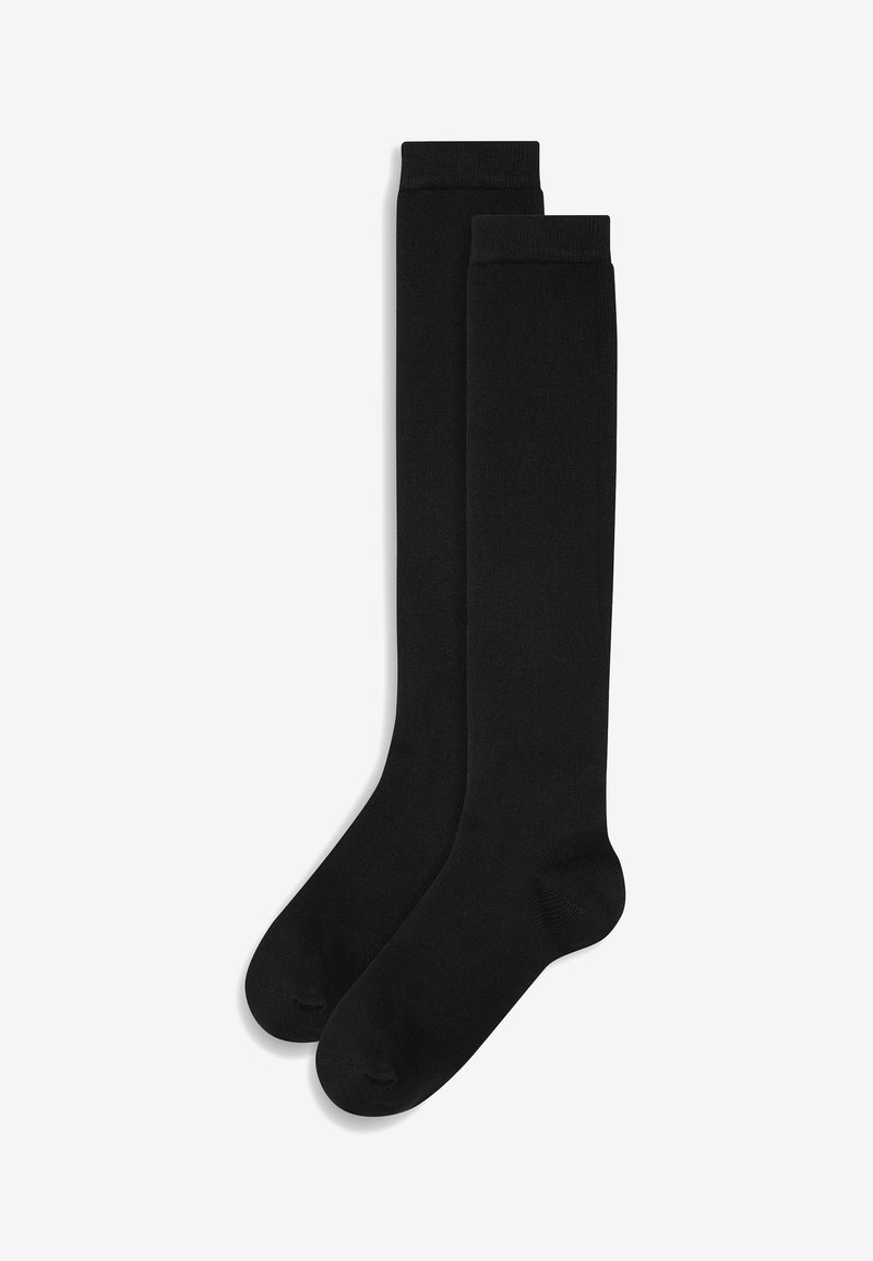 Black knee-high socks, made of soft material, featuring a smooth texture and a simple design with no visible patterns or accents.