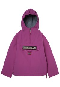 Lila tröja med dragkedja och huva, med en framficka, logopatch och en liten flaggdetalj. Slät tygtextur.