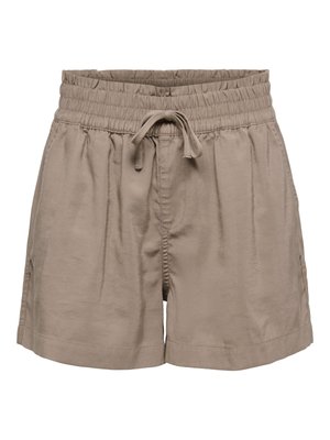 Beżowe casualowe szorty z elastycznym pasem i sznurkiem do wiązania, o luźnym kroju i długości sięgającej do połowy uda.
